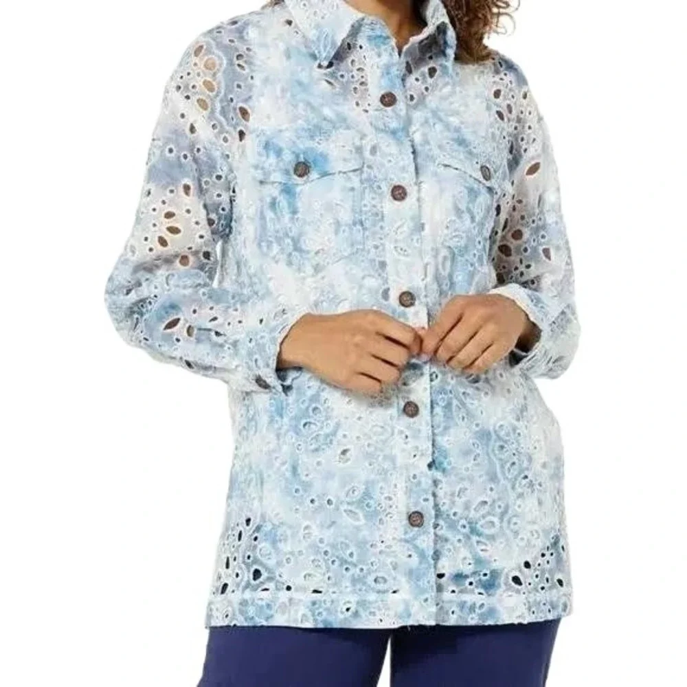 NWT Kathy Ireland Blue Eyelet Collared Button Front Chic Jacket - Picture 2 of 3